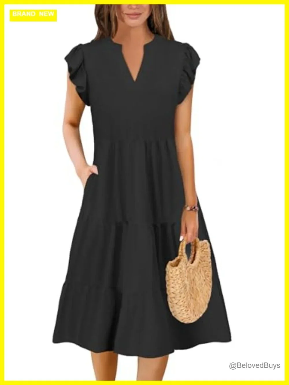 Elegant Tiered A-Line Midi Dress with Flutter Sleeves & Pockets